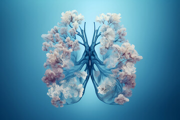 Internal human organs lungs anatomy from white flowers on blue background. AI Generative. 3d rendering. World Lung Day. International No Smoking Day