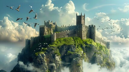 Medieval Fortress: Birds Soar Around Castle Atop Hill, Sky with Clouds