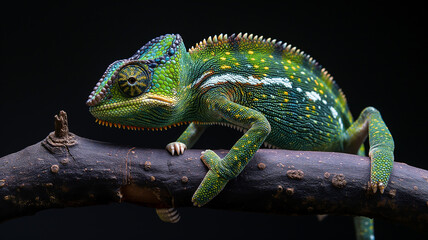 Obraz premium Colorful chameleon mainly in green, Chameleon on a thick tree branch