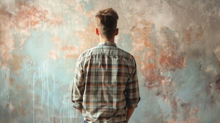 Young man contemplating abstract art - obrazy, fototapety, plakaty