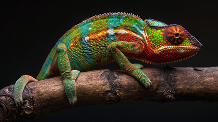Obraz premium Colorful chameleon mainly in green, Chameleon on a thick tree branch