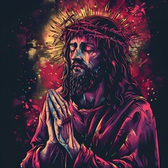 Portrait of Jusus Christ with stigmata praying , graphical color illustration, Christianity. AI generation