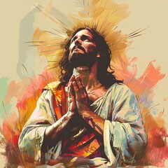 Fototapeta premium Portrait of Jusus Christ with stigmata praying , graphical color illustration, Christianity. AI generation