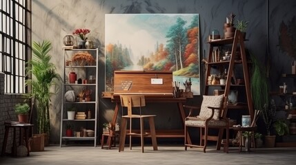A room with a painting on the wall and a desk with a chair