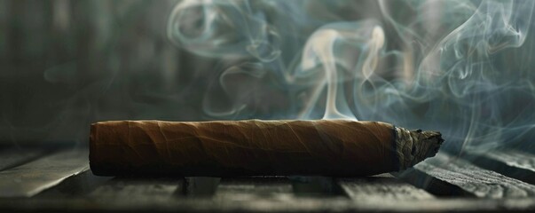 Smoldering cigar with smoke on dark background - obrazy, fototapety, plakaty
