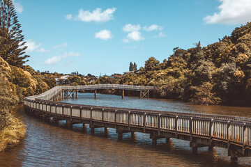 Wooden pathway over calm waters of Orakei Basin. Gorgeous nature walk in Auckland, New Zealand