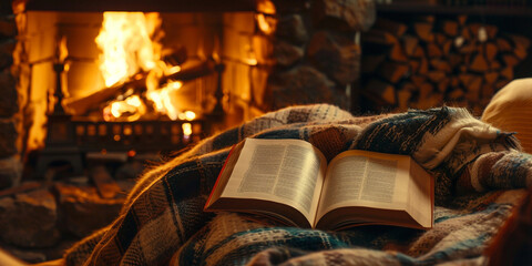 A image of someone sitting by a fireplace, wrapped in a blanket, and engrossed in a book, with a warm and cosy atmosphere