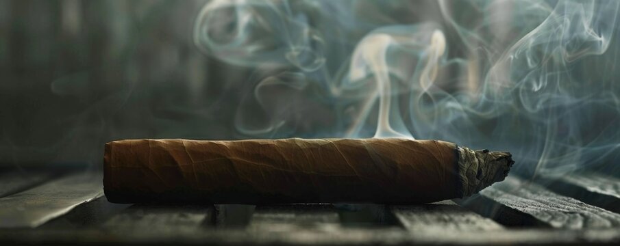 Smoldering cigar with smoke on dark background