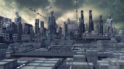 3d. Dystopian cityscape with flying spaceships