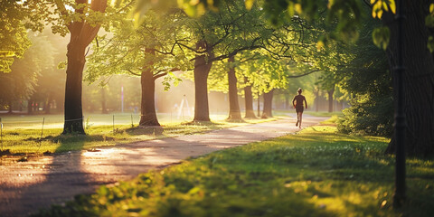 morning in the park, A image of someone going for a morning jog in the park, with trees, paths, and...