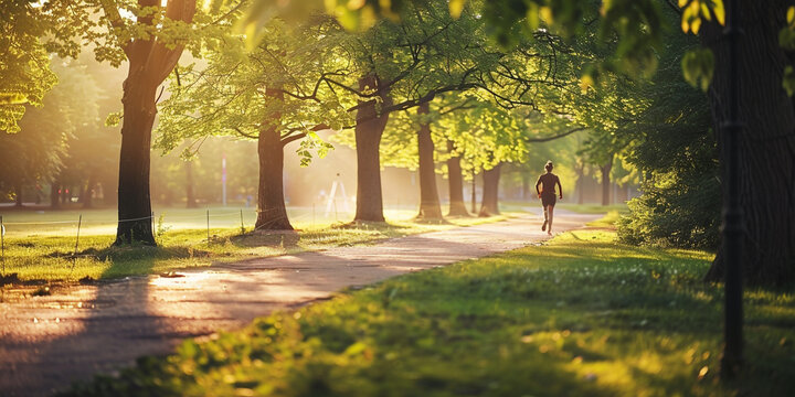 morning in the park, A image of someone going for a morning jog in the park, with trees, paths, and the soft light of dawn creating a serene atmosphere