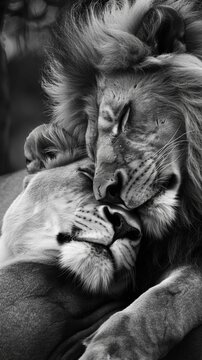 Close-up of two lions embracing in affection