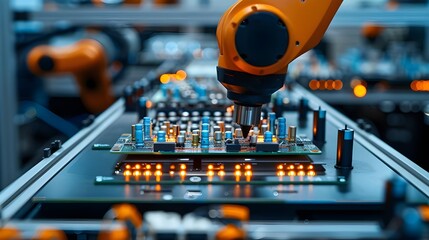  Advanced robot manipulators carefully and quickly install components on printed circuit boards, which improves production efficiency and quality. - obrazy, fototapety, plakaty