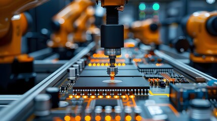 Accurate and reliable installation of components on printed circuit boards using robotic systems helps to increase productivity and reduce costs. - obrazy, fototapety, plakaty