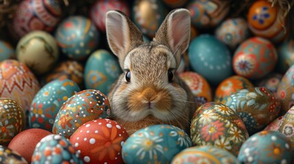 Fototapeta na wymiar Rabbit surrounded by decorative easter eggs