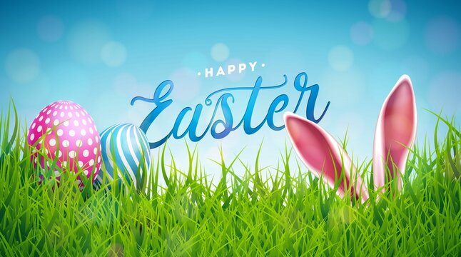 Happy Easter Holiday Design With Rabbit Ears Painted Egg Spring Green Grass Blue Background