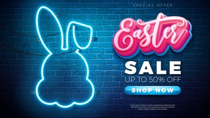 Happy Easter Sale With Rabbit Silhouette Made Glowing Neon Light Vintage Brick Wall Background