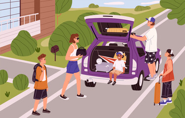 Family packing baggage into open car door. Parents with kids, teens going to holiday road trip. People loading luggage into automobile trunk to moving, leaving to auto travel. Flat vector illustration © Paper Trident