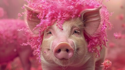 Adorable piglet wearing a pink floral hat