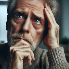 Elderly man with a worried look. He expresses nervousness, insecurity, lack of confidence, even fear. 
Concept of mental health and well-being of older people. - obrazy, fototapety, plakaty