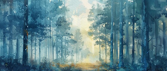 Watercolor forest in 4K, layered cool tones, tranquil and richly textured scene