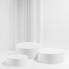 Abstract scene with three white round podiums with striped pillar as decoration, mockup on white background. Template for presentation cosmetic products, gifts, advertising, design in fashion style.