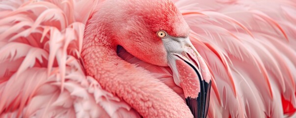 Close-up of a pink flamingo preening its feathers