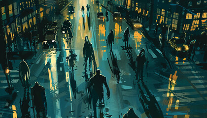 shadow demons forming on the wet city street. Comic - obrazy, fototapety, plakaty