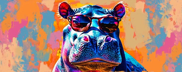 Colorful pop art hippopotamus with sunglasses - obrazy, fototapety, plakaty