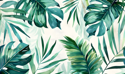 Tropical watercolor palm leaf pattern, Generative AI - obrazy, fototapety, plakaty