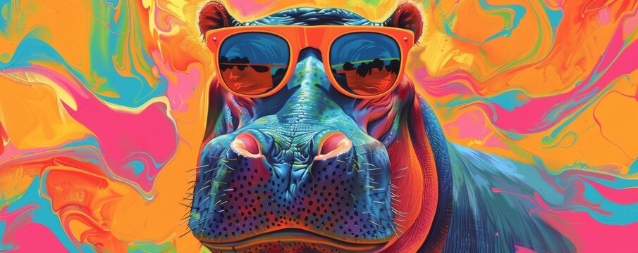 Hippopotamus with sunglasses on colorful abstract background