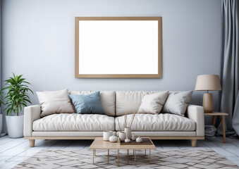 Living room interior with sofa, coffee table, coffee table and picture on wall