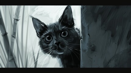 Black and white illustration of a curious cat