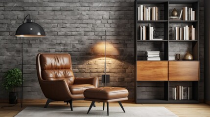 A living room with a brown leather chair and ottoman, a lamp, and a bookcase