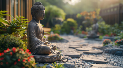 Buddha statue in garden. Fresh natural spa wallpaper concept with asian spirit and copy space.