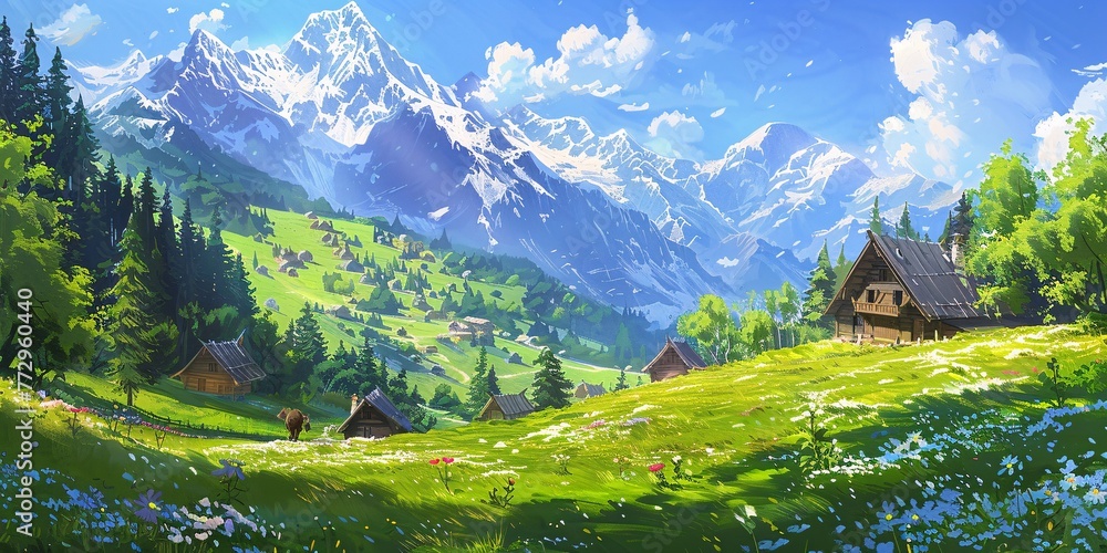 Poster summer vibes a pastoral scene with a herd of cows and a mountainous backdrop generative ai