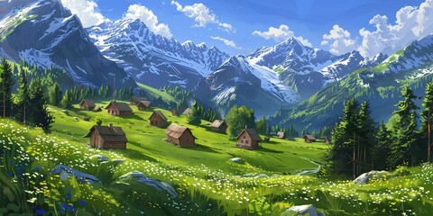 Summer Vibes A Colorful Mountain Village Generative AI