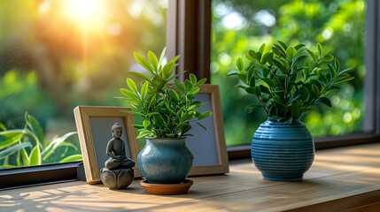 Buddha statue on the shelf with vase and plants. Interior decor. Fresh natural spa wallpaper concept with asian spirit - obrazy, fototapety, plakaty