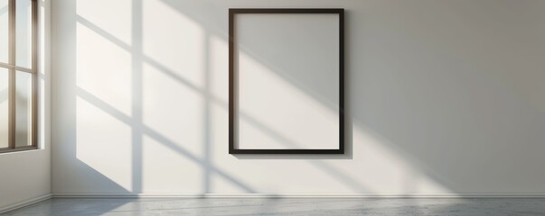 Empty picture frame on a white wall with sunlight and shadows