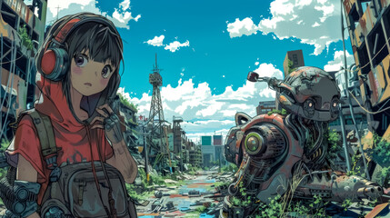 Anime girl and robot companion in post-apocalyptic city