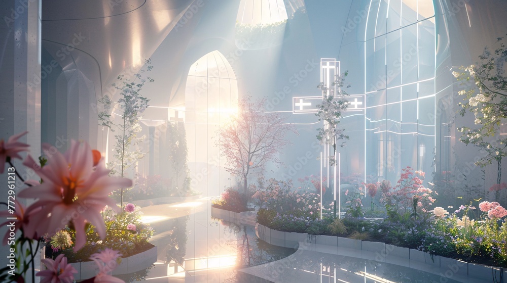 Aufkleber illuminated cross in a futuristic church a glimpse into the future of religious architecture generat