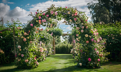 A floral arch covered in flowers creates a magical entrance to the garden, Generative AI