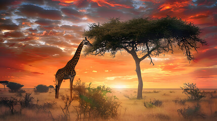 Fototapeta na wymiar Wild giraffe reaching with long neck to eat from tall tree in African Savanna under dramatic, colorful sunset