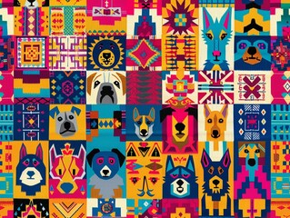 A pattern wallpaper of Bolivian Aguayo Textile: Brightly colored geometric patterns in wool