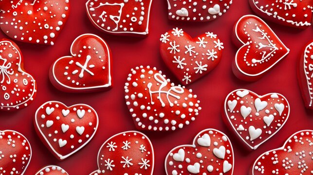 A pattern wallpaper of Croatian Licitar Heart: Red hearts with white and yellow floral patterns