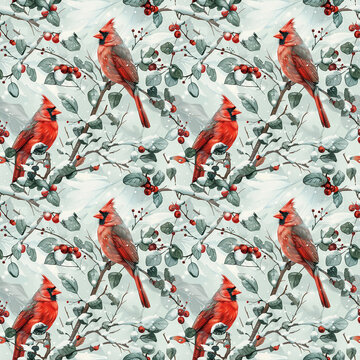 A pattern wallpaper of Cardinals  Bright red cardinals in snowy branches and green foliage