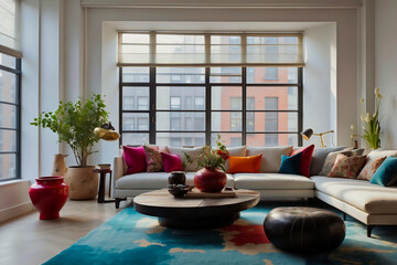 Modernes Wohnzimmer mit farbigen Akzenten und natürlichem Licht - obrazy, fototapety, plakaty