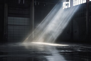 Sunbeams piercing the gloom of an abandoned warehouse with wet floor reflecting light.
