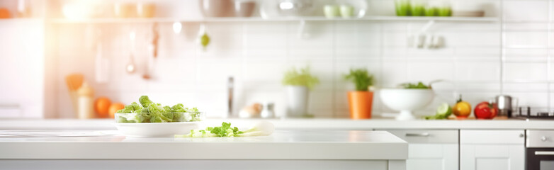 Fototapeta na wymiar Blur selective focus of white kitchen counter island.contemporary background for food key visual product.cooking and eating concepts