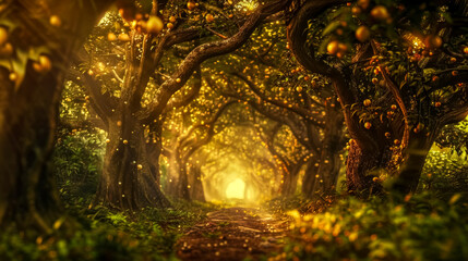 Enchanted orchard path at sunrise